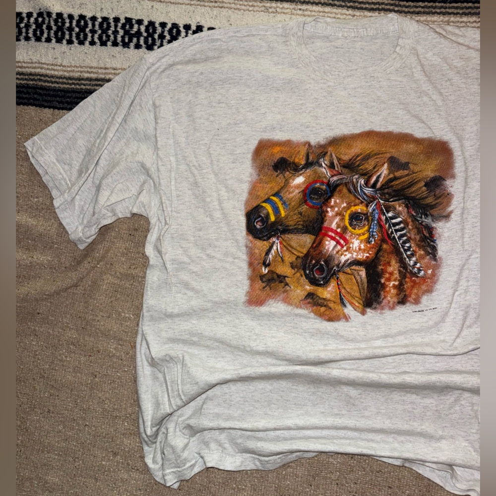 Vintage 90s Native American Indian War Horse head graphic t shirt grey 2XL